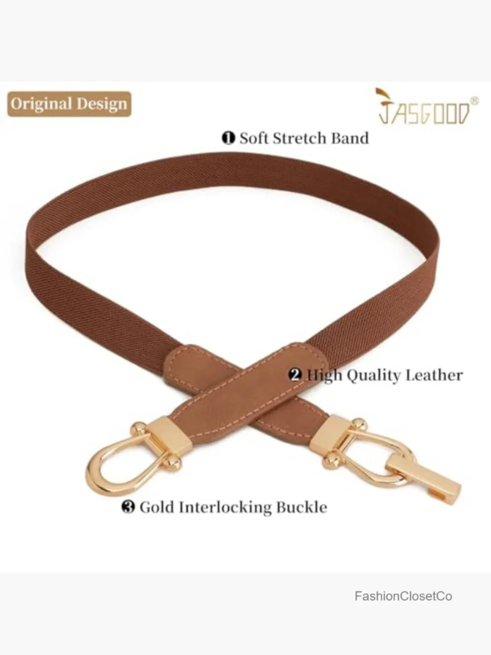 Women Stretch Waist Belt with Gold Buckle - Thin Elastic Dress Belt